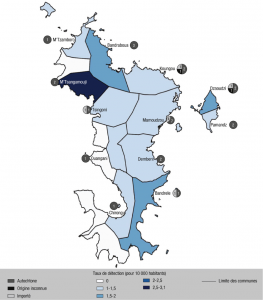 Incidence et nombre de cas par commune (importance croissante avec la couleur)