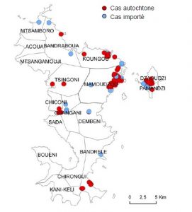 Répartition des cas de dengue début mai 2014 à Mayotte