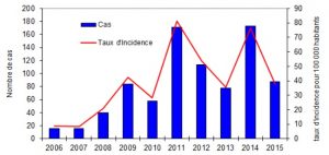 Le nombre de cas de leptospirose à Mayotte ces 10 dernières années. 2016 a battu tous les records (Source: CIRE océan indien)