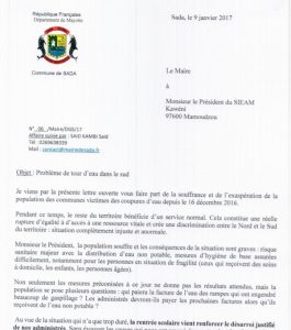 La lettre de la maire de Sada au président du SIEAM