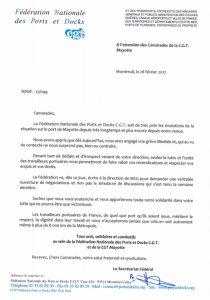 Le courrier de la Fédération nationale des ports et dock CGT aux grévistes de Longoni