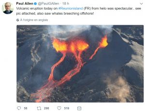 Paul Allen tweete sur l'éruption du Piton de la Fournaise