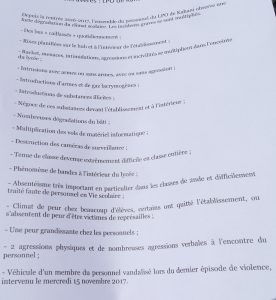 Les violences détaillées dans le courrier remis aux décisionnaires 