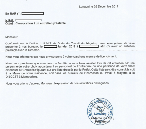 Lettre de convocation à un entretien préalable de licenciement d’un des salariés MCG